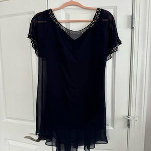 BETSY & ADAM Navy Beaded Chiffon Shift Dress Size 8